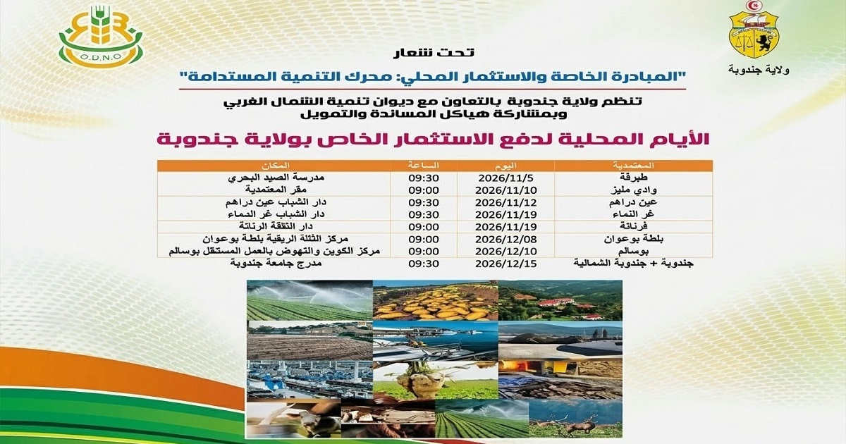 ولاية جندوبة تنطلق في تنظيم أيام محلية لدفع الاستثمار الخاص وتعزيز التنمية المستدامة