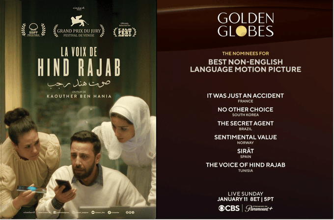 سينما تونس تفجّر المفاجأة: “صوت هند رجب” يقتحم الغولدن غلوب… ويثير رجّة عالمية قبل الأوسكار!